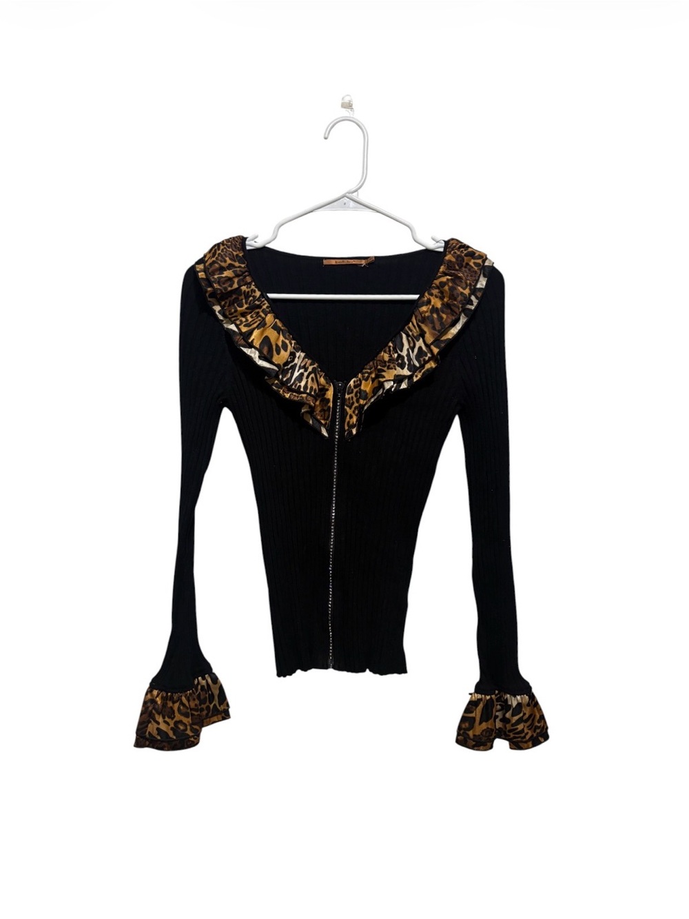 Belldini Black Ribbed Zip Cardigan with Leopard Ruffle Trim